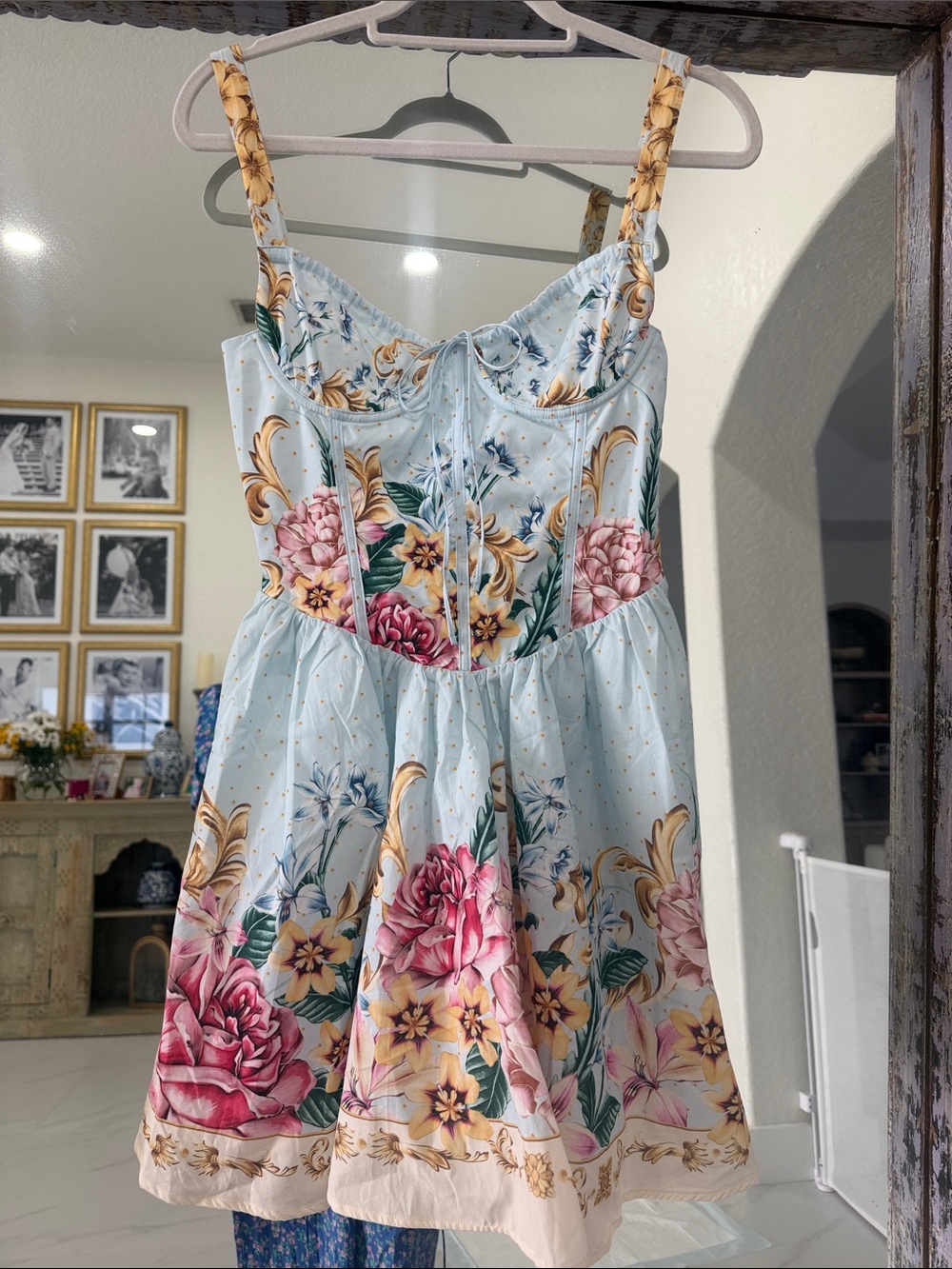 NWT Agua Bendita Light Blue Floral Mini Dress with Pink and Yellow Accents